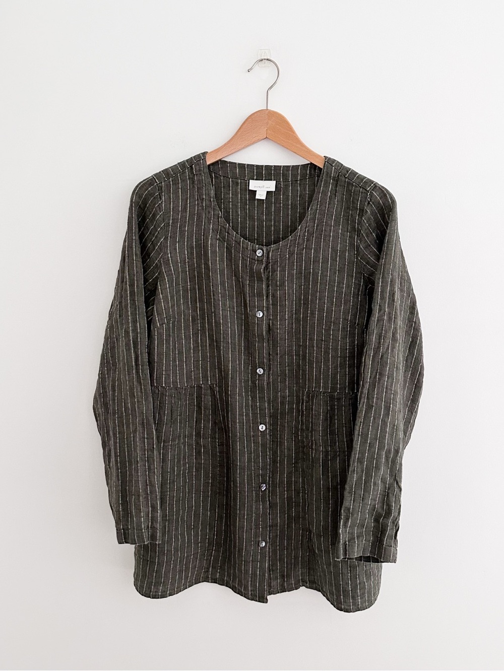 Pure Jill 100% Linen Olive Striped Tunic Button Down Top Lightweight Jacket